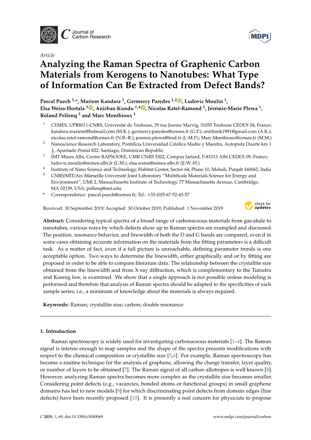 Analyzing the Raman Spectra of Graphenic Carbon Materials from Kerogens to Nanotubes: What Type of Information Can Be Extracted from Defect Bands?