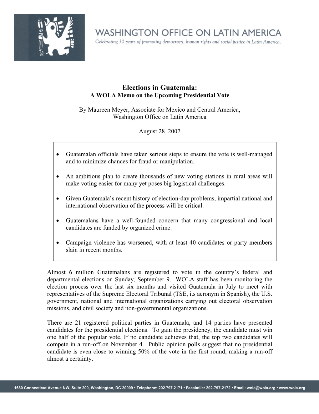 Elections in Guatemala: a WOLA Memo on the Upcoming Presidential Vote