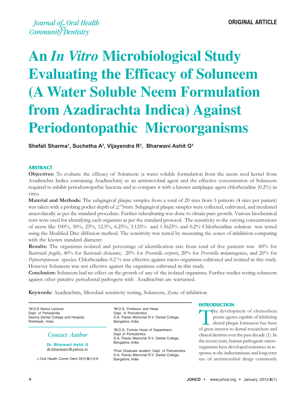 (A Water Soluble Neem Formulation from Azadirachta Indica) Against Periodontopathic Microorganisms