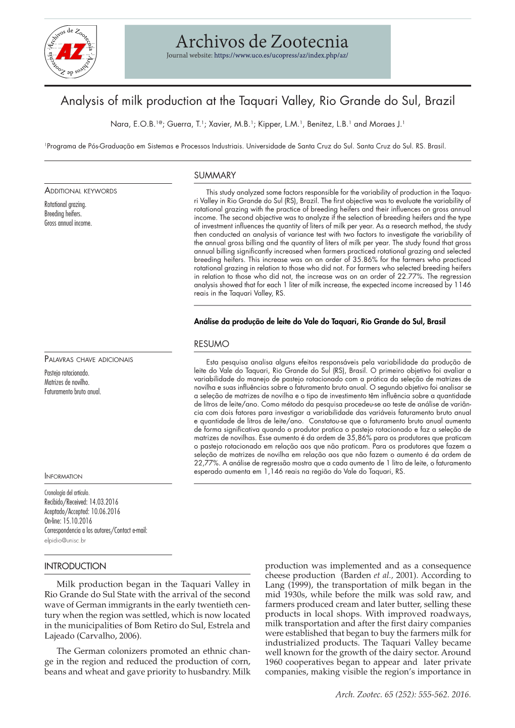 Analysis of Milk Production at the Taquari Valley, Rio Grande Do Sul, Brazil