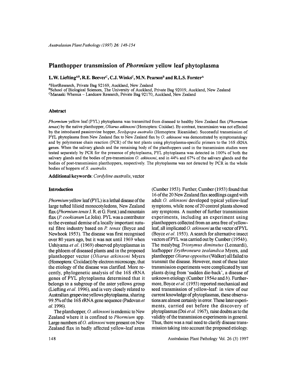 Planthopper Transmission of Phormium Yellow Leaf Phytoplasma