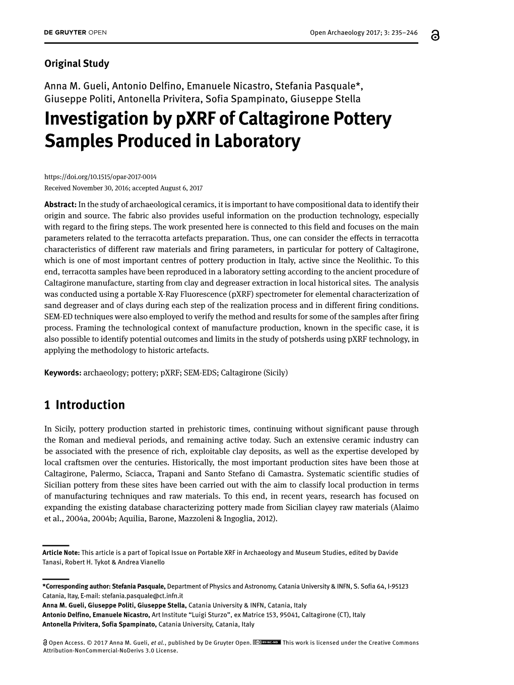 Investigation by Pxrf of Caltagirone Pottery Samples Produced in Laboratory Received November 30, 2016; Accepted August 6, 2017
