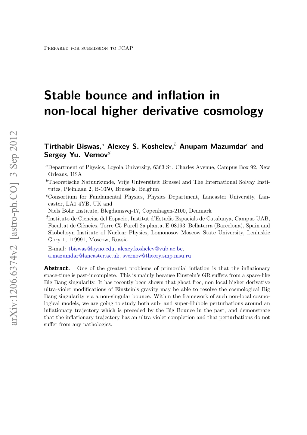 Stable Bounce and Inflation in Non-Local Higher Derivative Cosmology