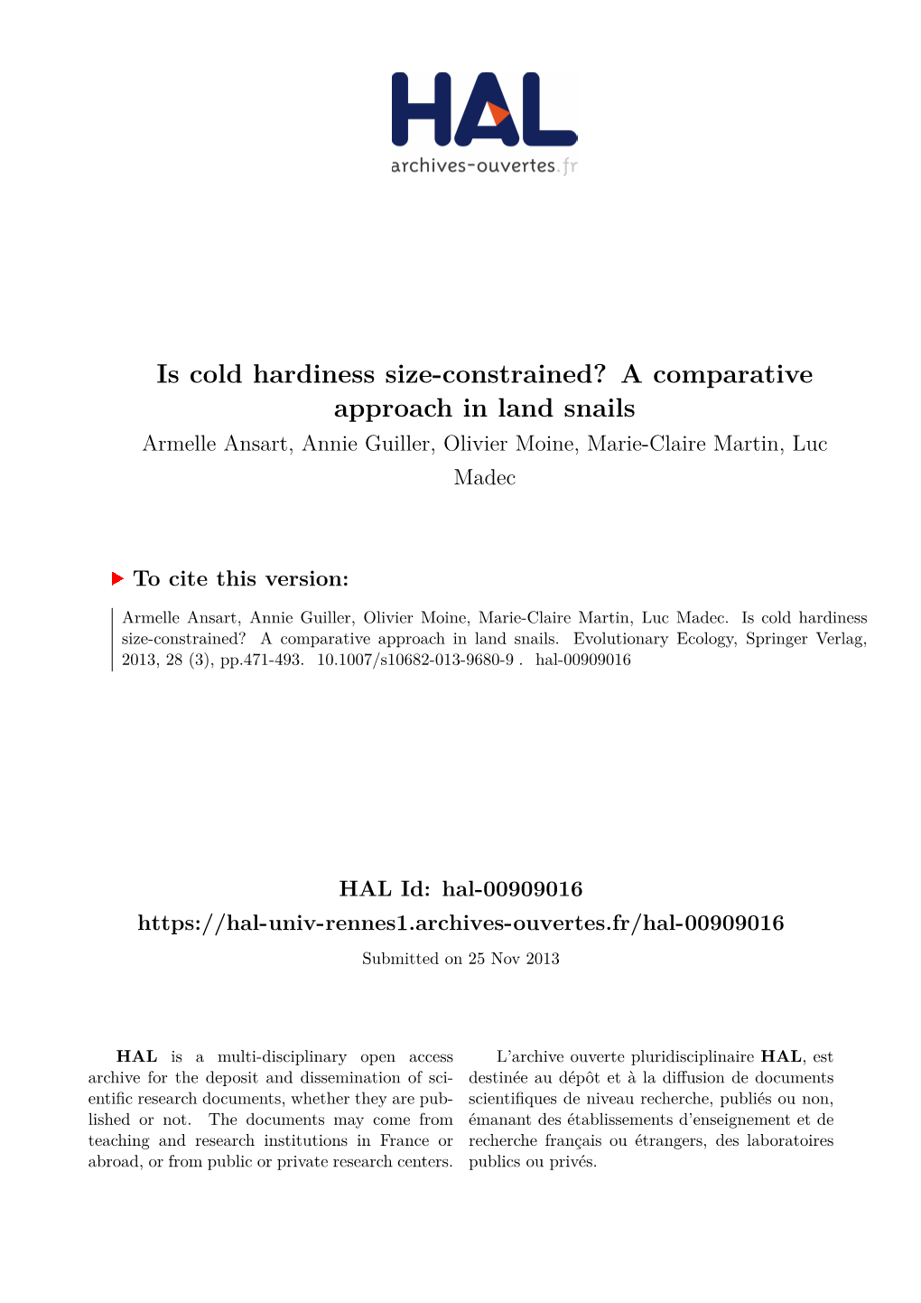 Is Cold Hardiness Size-Constrained? a Comparative Approach in Land Snails Armelle Ansart, Annie Guiller, Olivier Moine, Marie-Claire Martin, Luc Madec