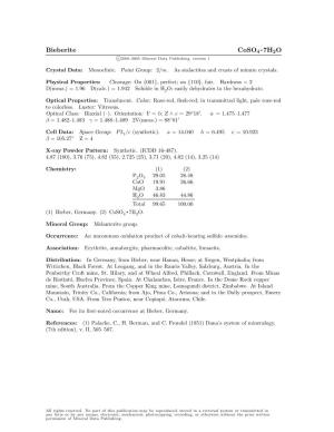 Bieberite Coso4 • 7H2O C 2001-2005 Mineral Data Publishing, Version 1