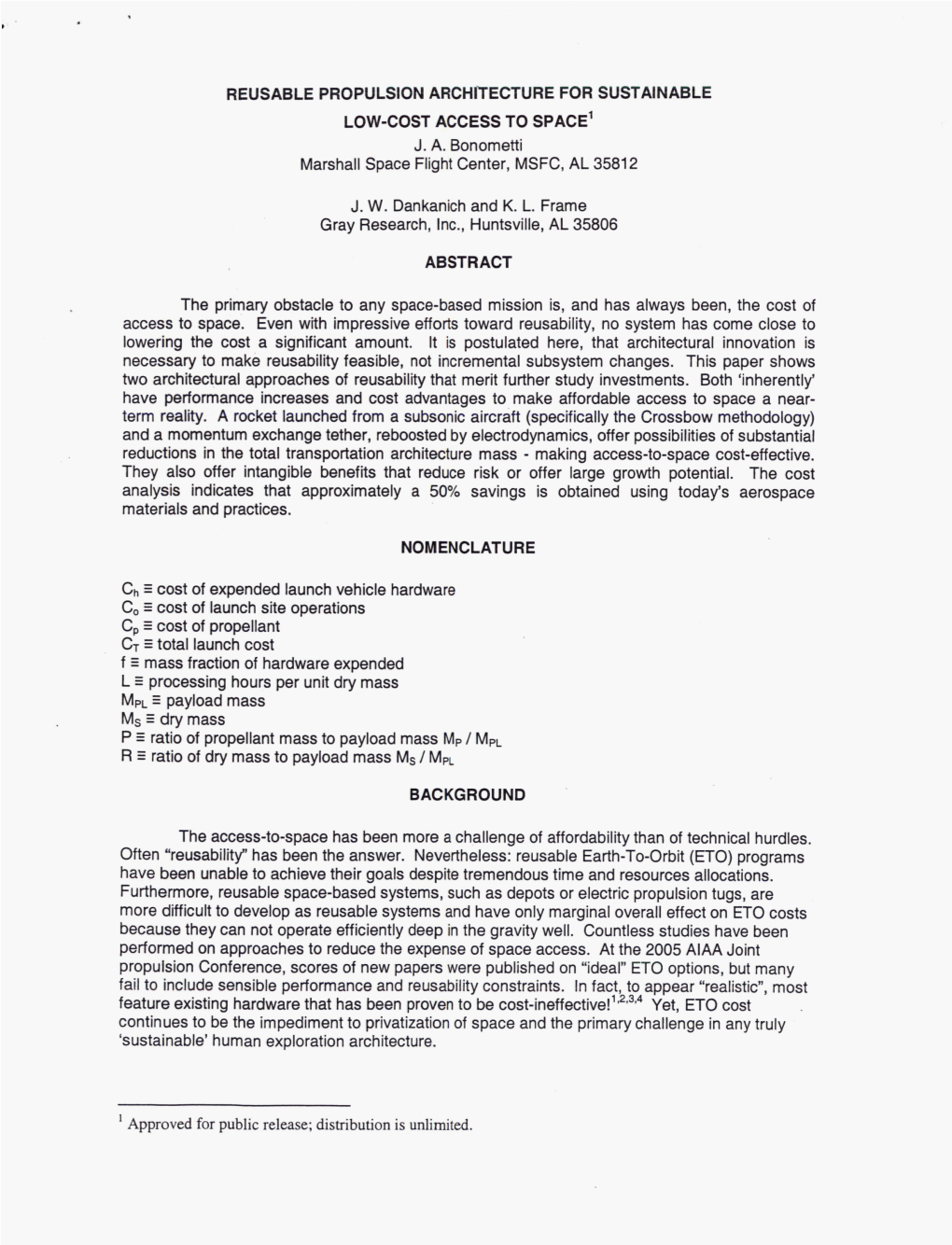 Reusable Propulsion Architecture for Sustainable Low-Cost Access to Space’ J