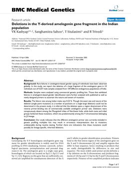 Deletions in the Y-Derived Amelogenin Gene Fragment in the Indian Population VK Kashyap*1,2, Sanghamitra Sahoo1, T Sitalaximi1 and R Trivedi1