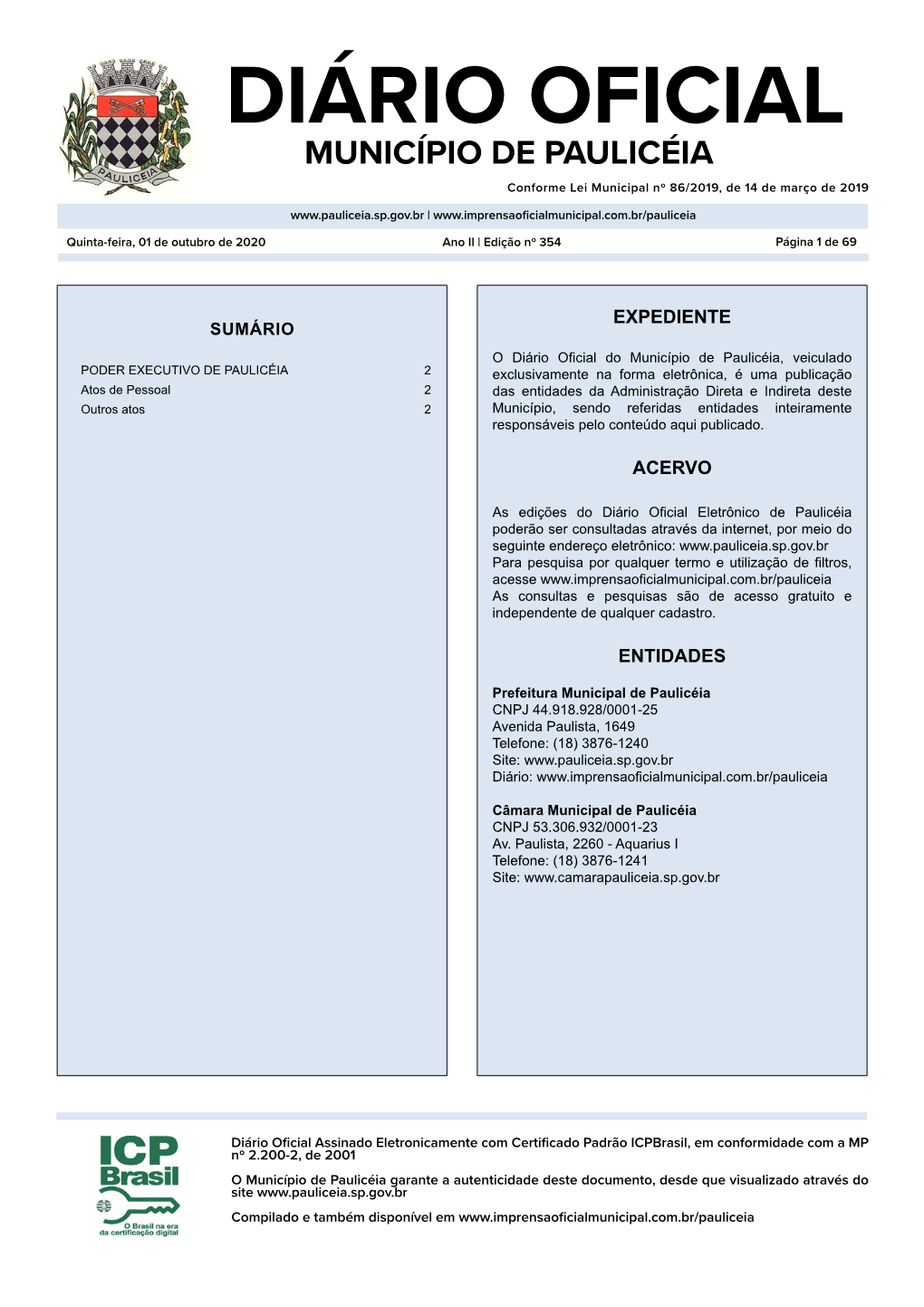 DIÁRIO OFICIAL MUNICÍPIO DE PAULICÉIA Conforme Lei Municipal Nº 86/2019, De 14 De Março De 2019