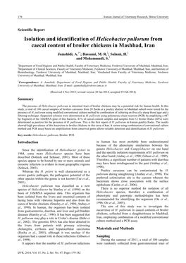 Isolation and Identification of Helicobacter Pullorum from Caecal Content of Broiler Chickens in Mashhad, Iran