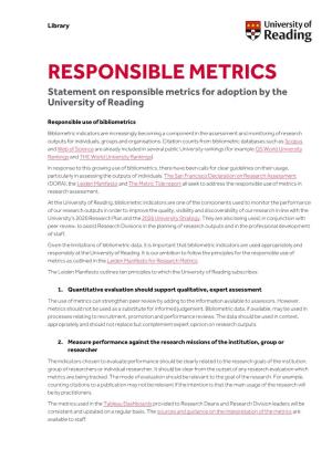 Statement on Responsible Metrics for Adoption by the University of Reading