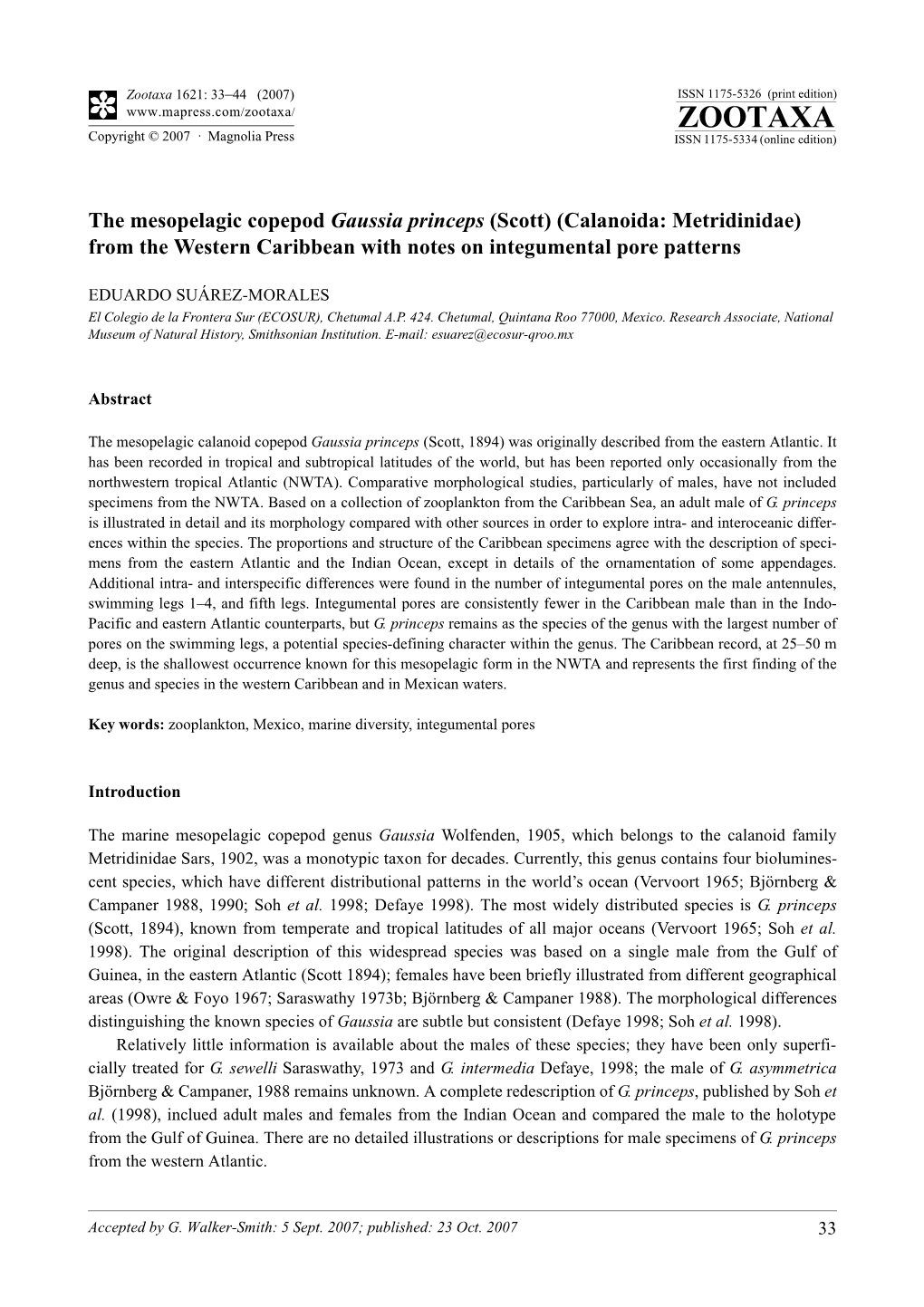 Zootaxa,The Mesopelagic Copepod Gaussia Princeps (Scott) (Calanoida: Metridinidae)