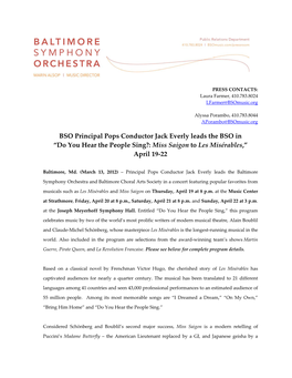 BSO Principal Pops Conductor Jack Everly Leads the BSO in “Do You Hear the People Sing?: Miss Saigon to Les Misérables,” April 19‐22