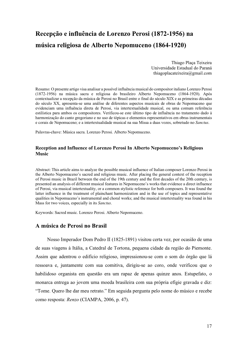 Recepção E Influência De Lorenzo Perosi (1872-1956) Na Música Religiosa De Alberto Nepomuceno (1864-1920)