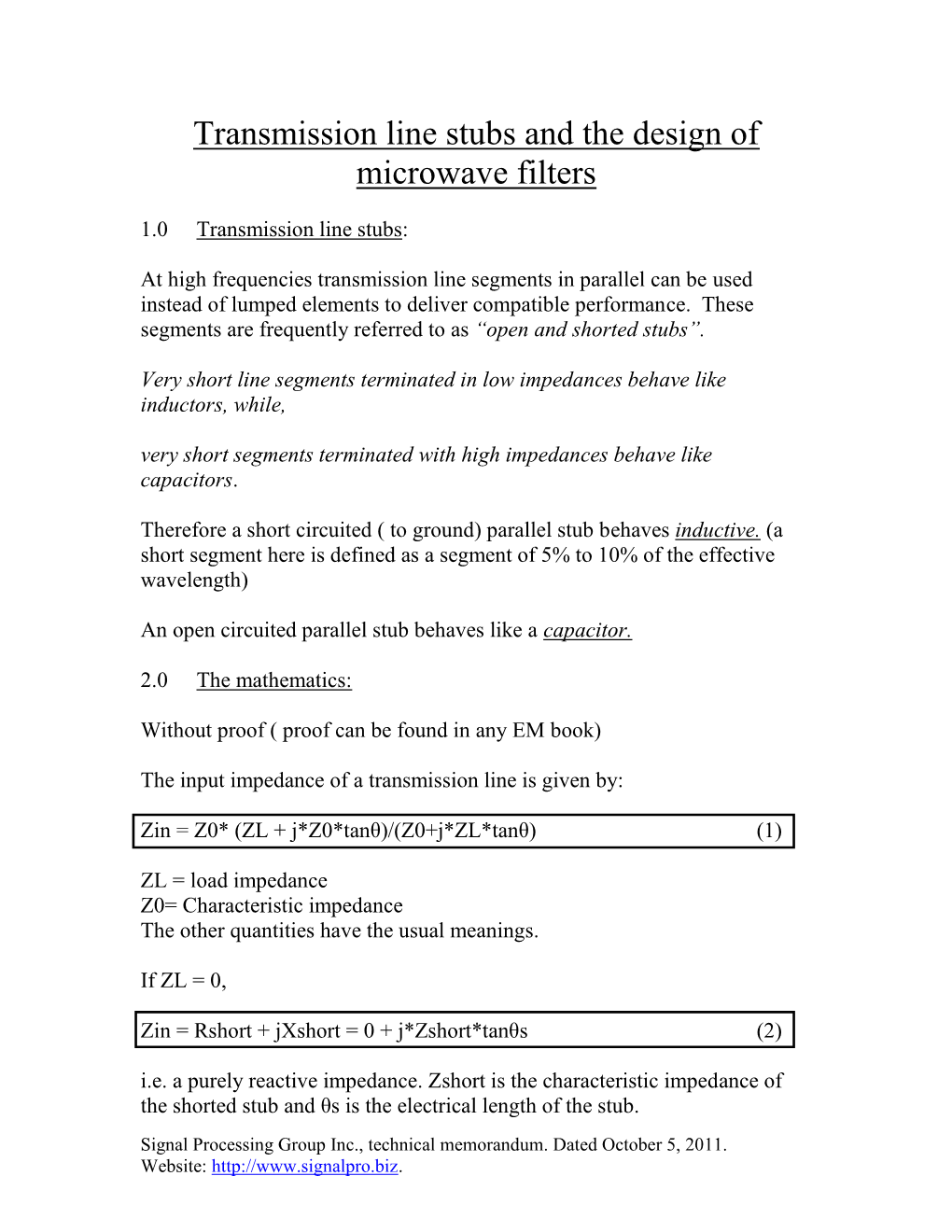 Transmission Line Stubs and the Design of Microwave Filters