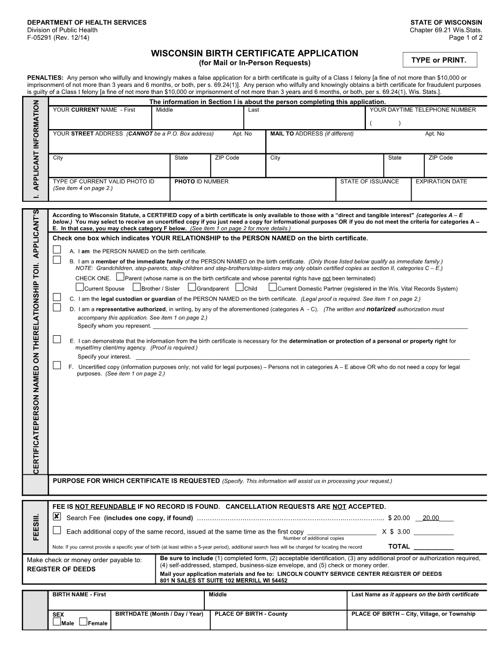 Wisconsin Birth Certificate Application