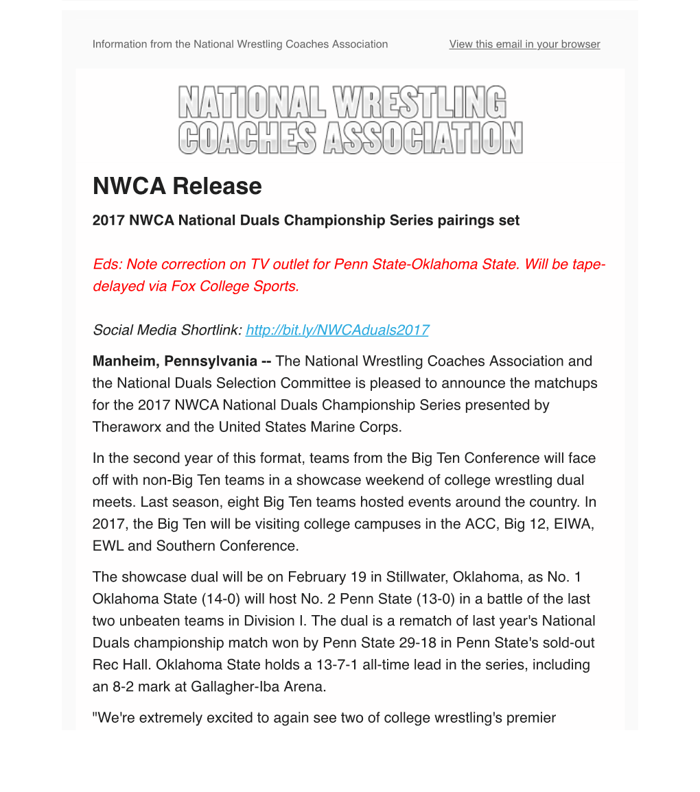 UPDATE COLLEGE WRESTLING 2017 NWCA National Duals