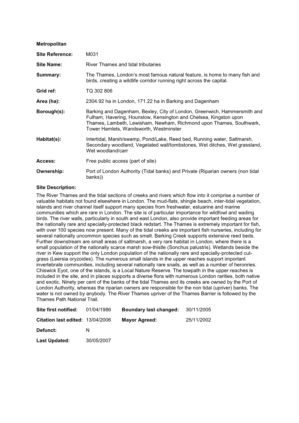 River Thames and Tidal Tributaries Summary