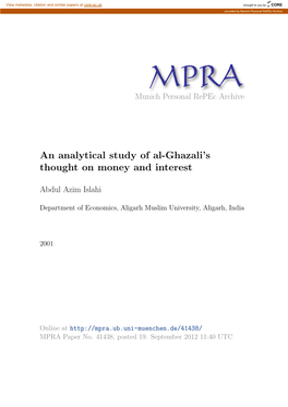 An Analytical Study of Al-Ghazali's Thought on Money and Interest