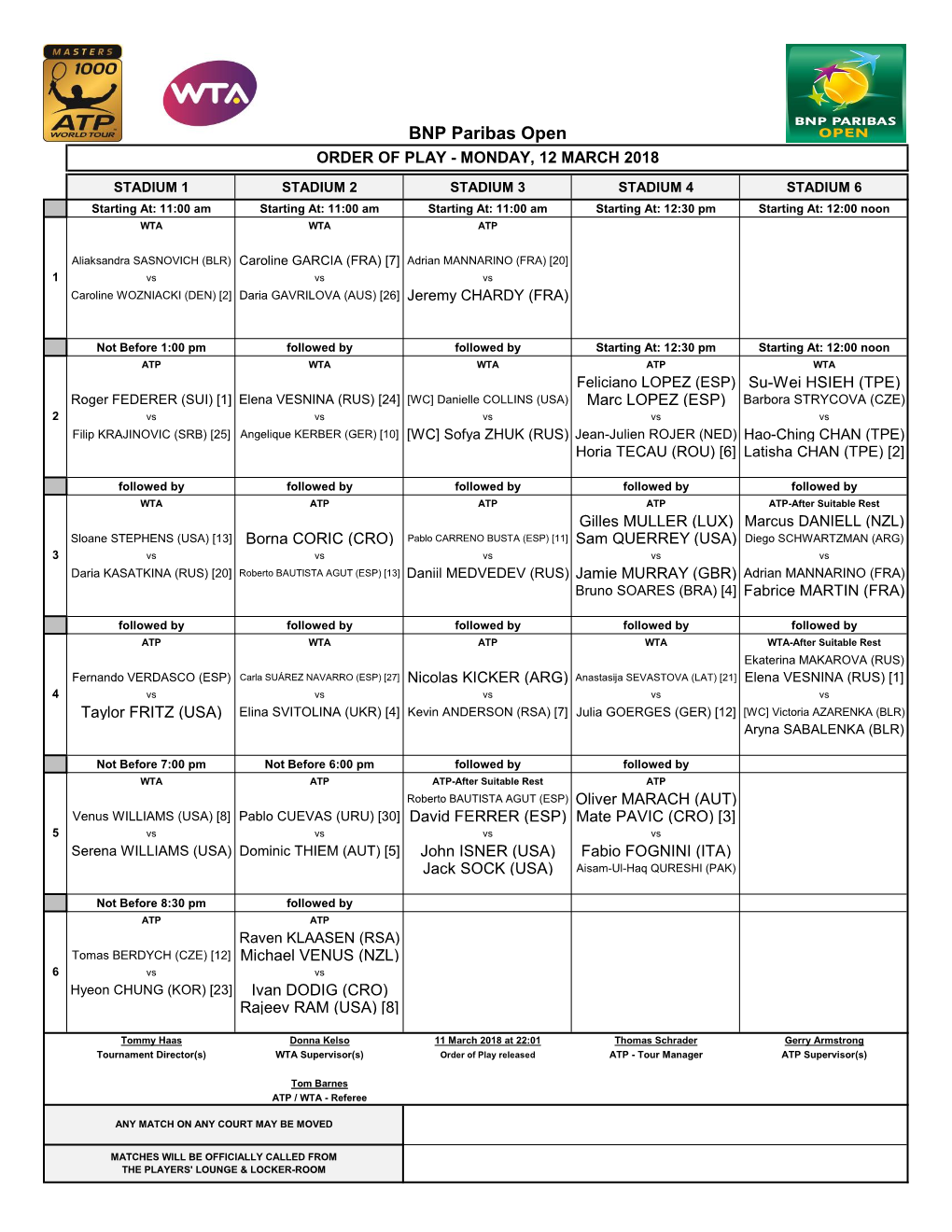 BNP Paribas Open ORDER of PLAY - MONDAY, 12 MARCH 2018
