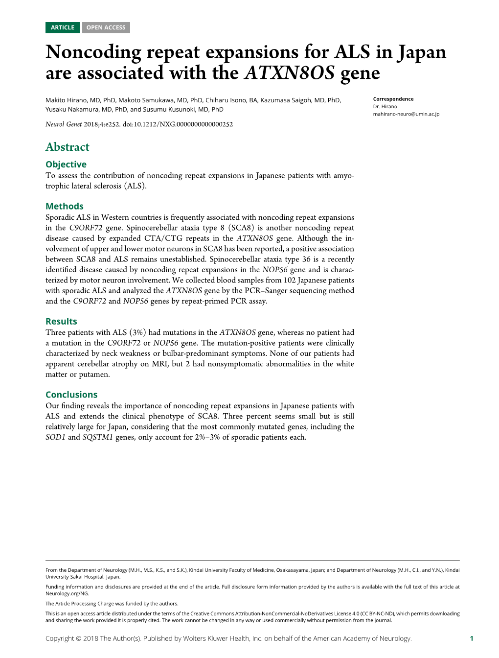 Noncoding Repeat Expansions for ALS in Japan Are Associated with the ATXN8OS Gene