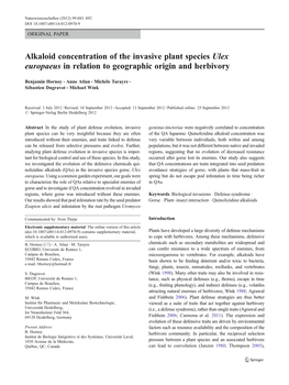Alkaloid Concentration of the Invasive Plant Species Ulex Europaeus in Relation to Geographic Origin and Herbivory