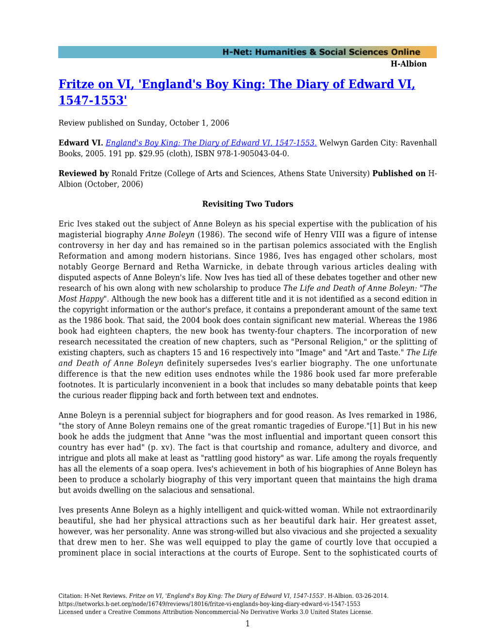 Fritze on VI, 'England's Boy King: the Diary of Edward VI, 1547-1553'