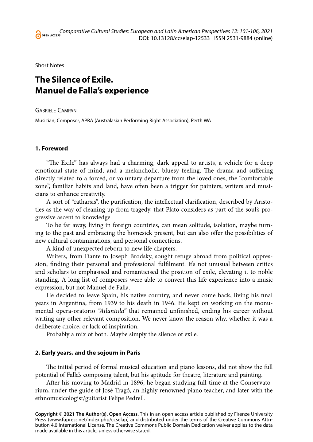 The Silence of Exile. Manuel De Falla's Experience
