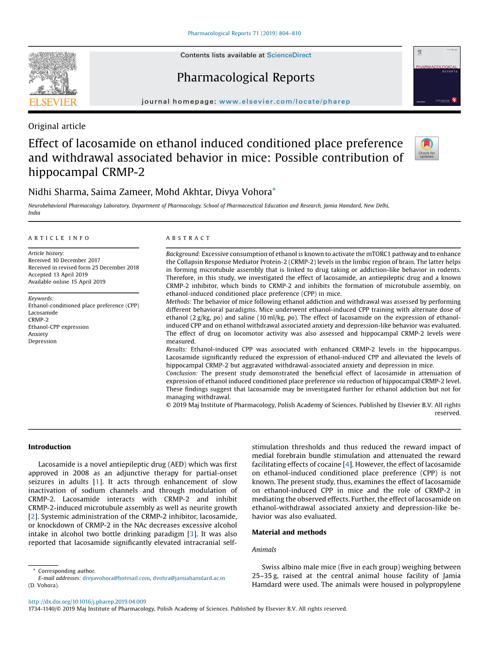 Effect of Lacosamide on Ethanol Induced Conditioned Place Preference