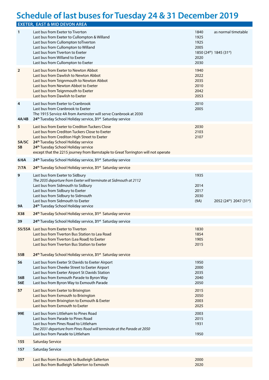 Schedule of Last Buses for Tuesday 24 & 31 December 2019