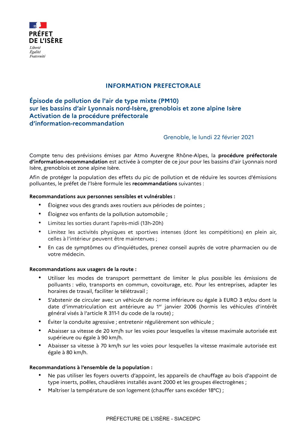 INFORMATION PREFECTORALE Épisode De Pollution De L'air De Type