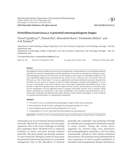 Verticillium Lecani (Zimm.): a Potential Entomopathogenic Fungus Vinod Upadhyay1*, Dinesh Rai1, Meenakshi Rana1, Prateeksha Mehra1 and A.K.Pandey2*