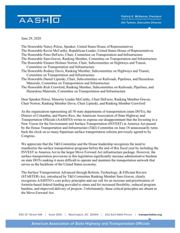 AASHTO Letter to House Leadership on the Move Forward