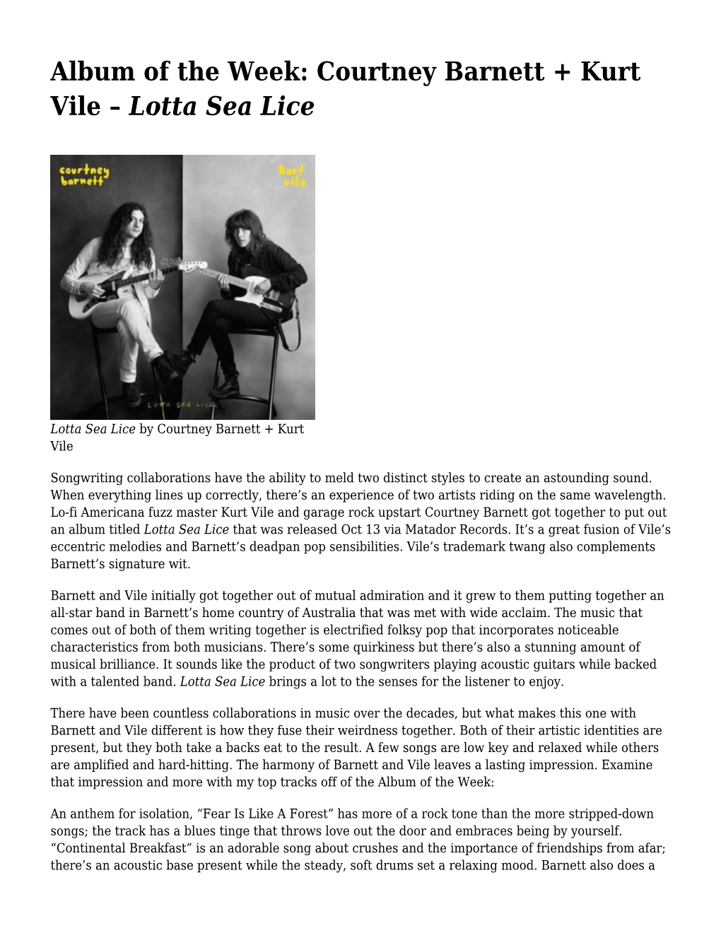 Album of the Week: Courtney Barnett + Kurt Vile – &lt;I&gt;Lotta Sea Lice &lt;/I&gt;