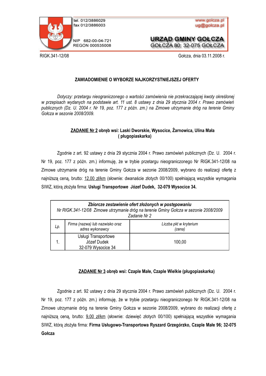 RIGK.341-12/08 Gołcza, Dnia 03.11.2008 R. ZAWIADOMIENIE O