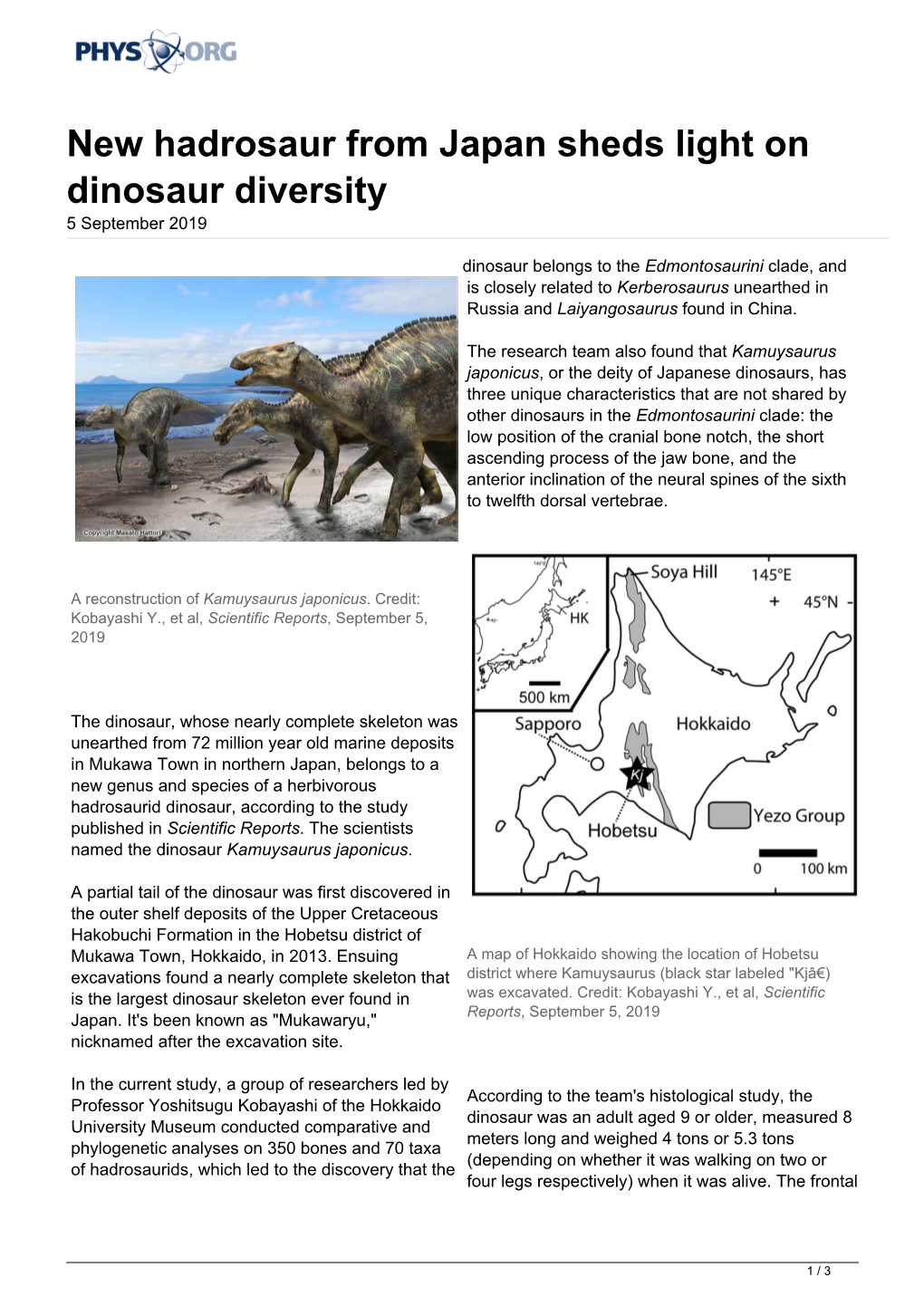 New Hadrosaur from Japan Sheds Light on Dinosaur Diversity 5 September 2019