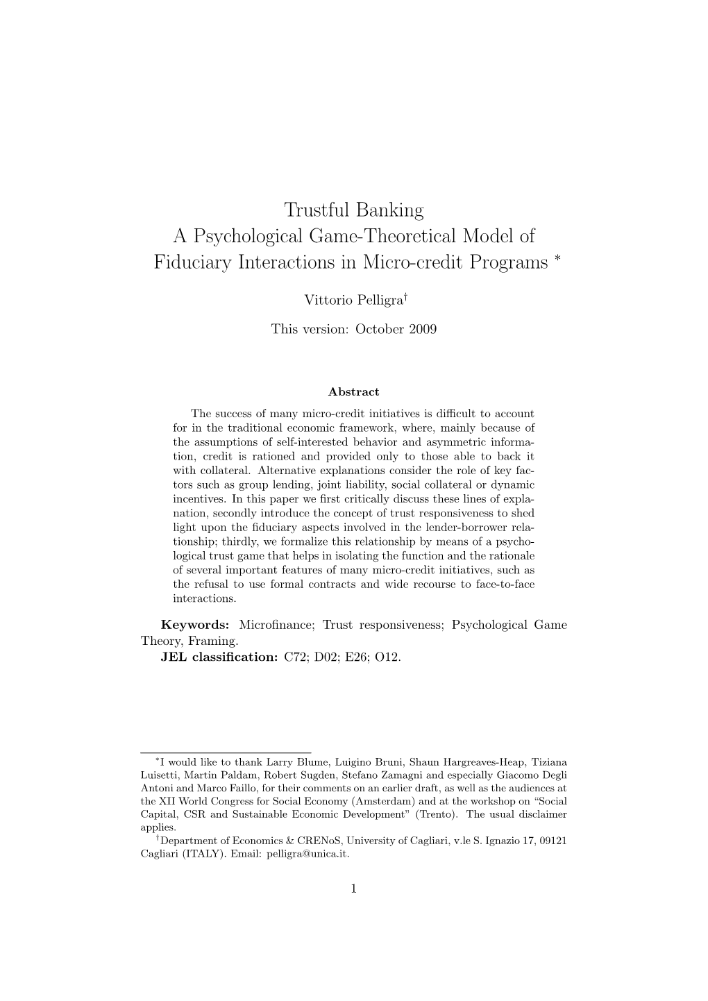 Trustful Banking a Psychological Game-Theoretical Model of Fiduciary Interactions in Micro-Credit Programs ∗