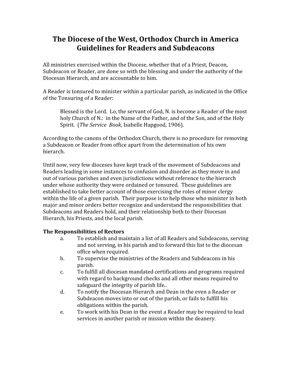 The Diocese of the West, Orthodox Church in America Guidelines for Readers and Subdeacons