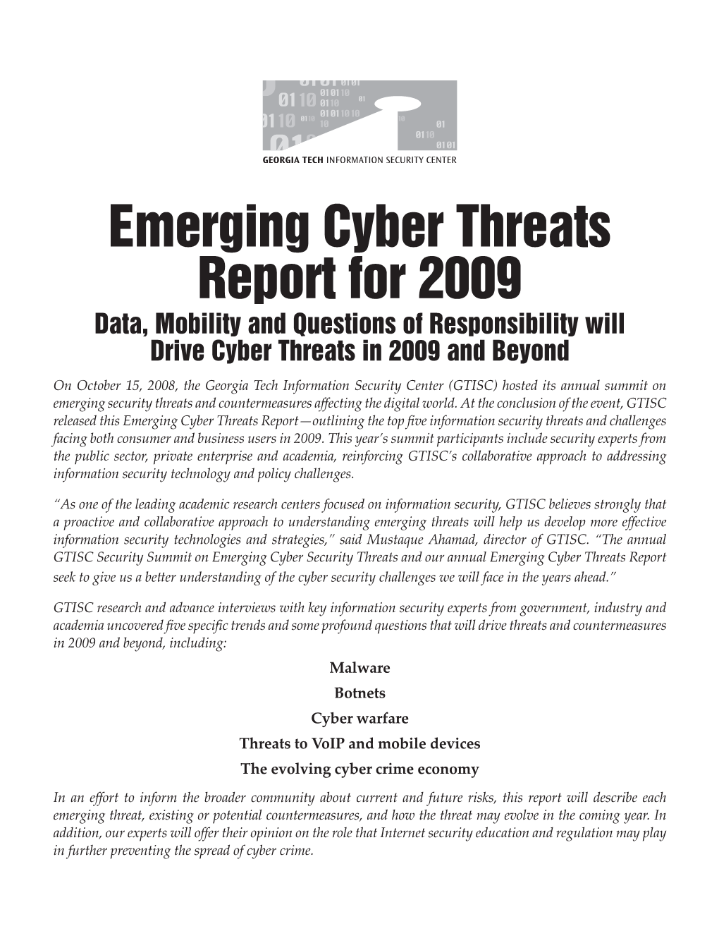 Emerging Cyber Threats Report for 2009