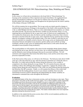 ESS/ATMOS/OCEAN 589: Paleoclimatology: Data, Modeling and Theory