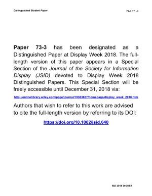 Paper 73-3 Has Been Designated As a Distinguished Paper at Display Week 2018