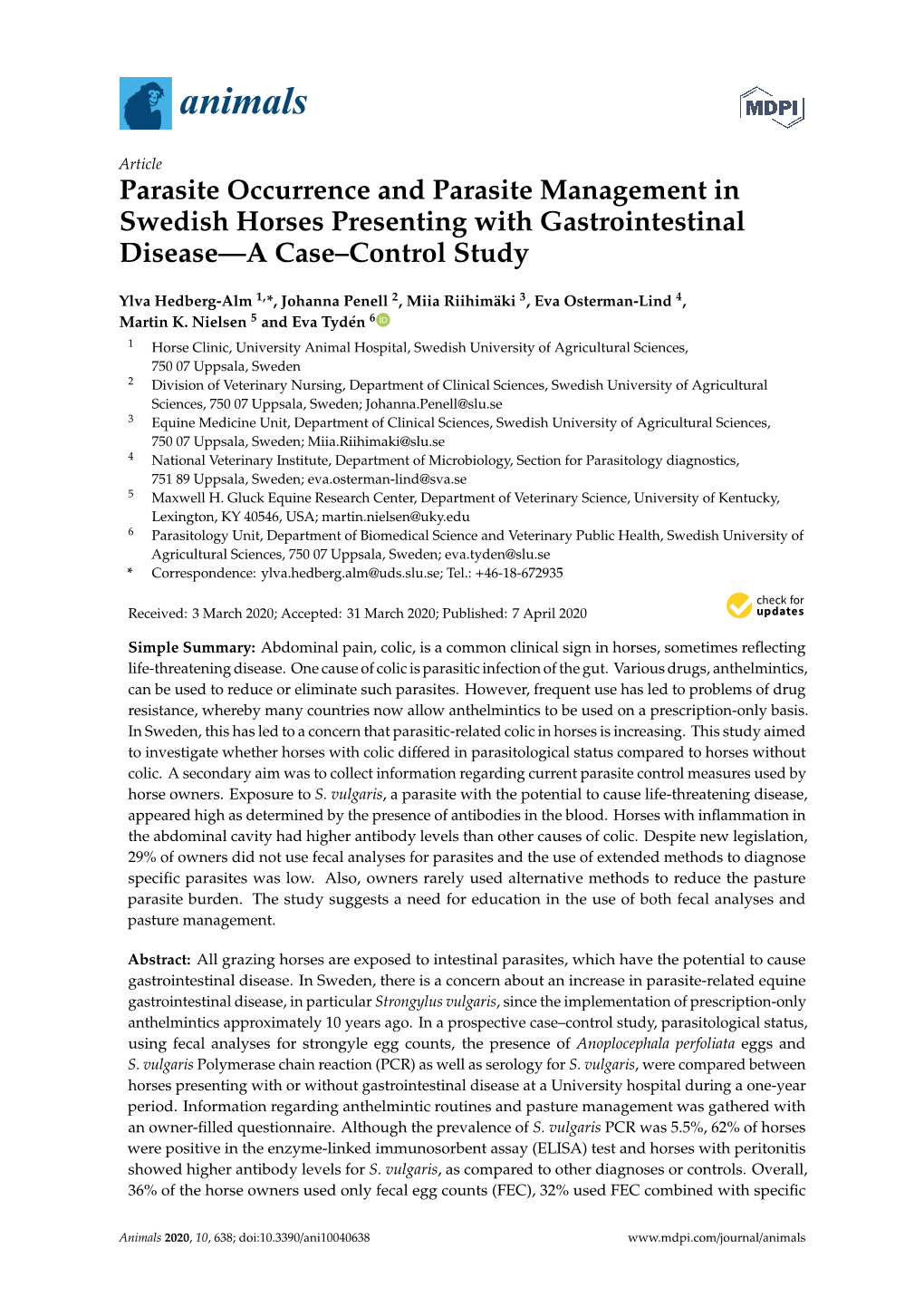 Parasite Occurrence and Parasite Management in Swedish Horses Presenting with Gastrointestinal Disease—A Case–Control Study