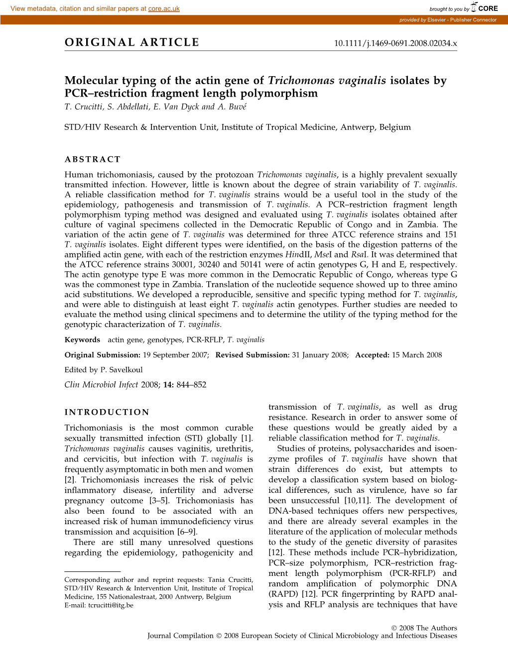 Molecular Typing of the Actin Gene of Trichomonas Vaginalis Isolates by PCR–Restriction Fragment Length Polymorphism T