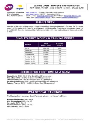 2020 Us Open Singles Prize Money & Ranking Points