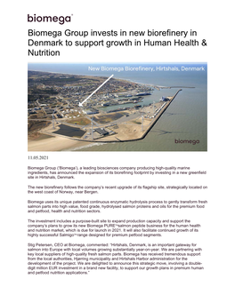 Biomega Group Invests in New Biorefinery in Denmark to Support Growth in Human Health & Nutrition