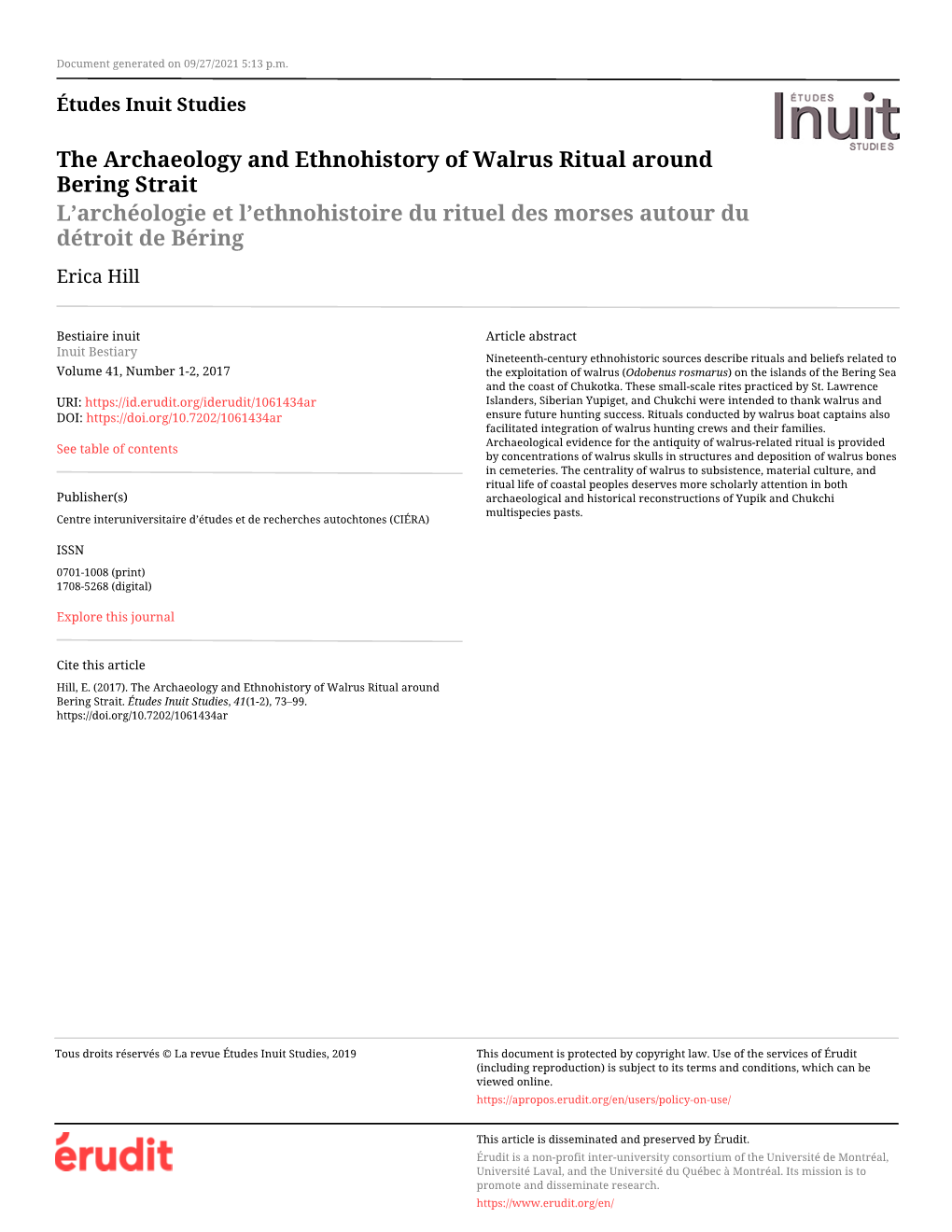 The Archaeology and Ethnohistory of Walrus Ritual Around Bering Strait L’Archéologie Et L’Ethnohistoire Du Rituel Des Morses Autour Du Détroit De Béring Erica Hill