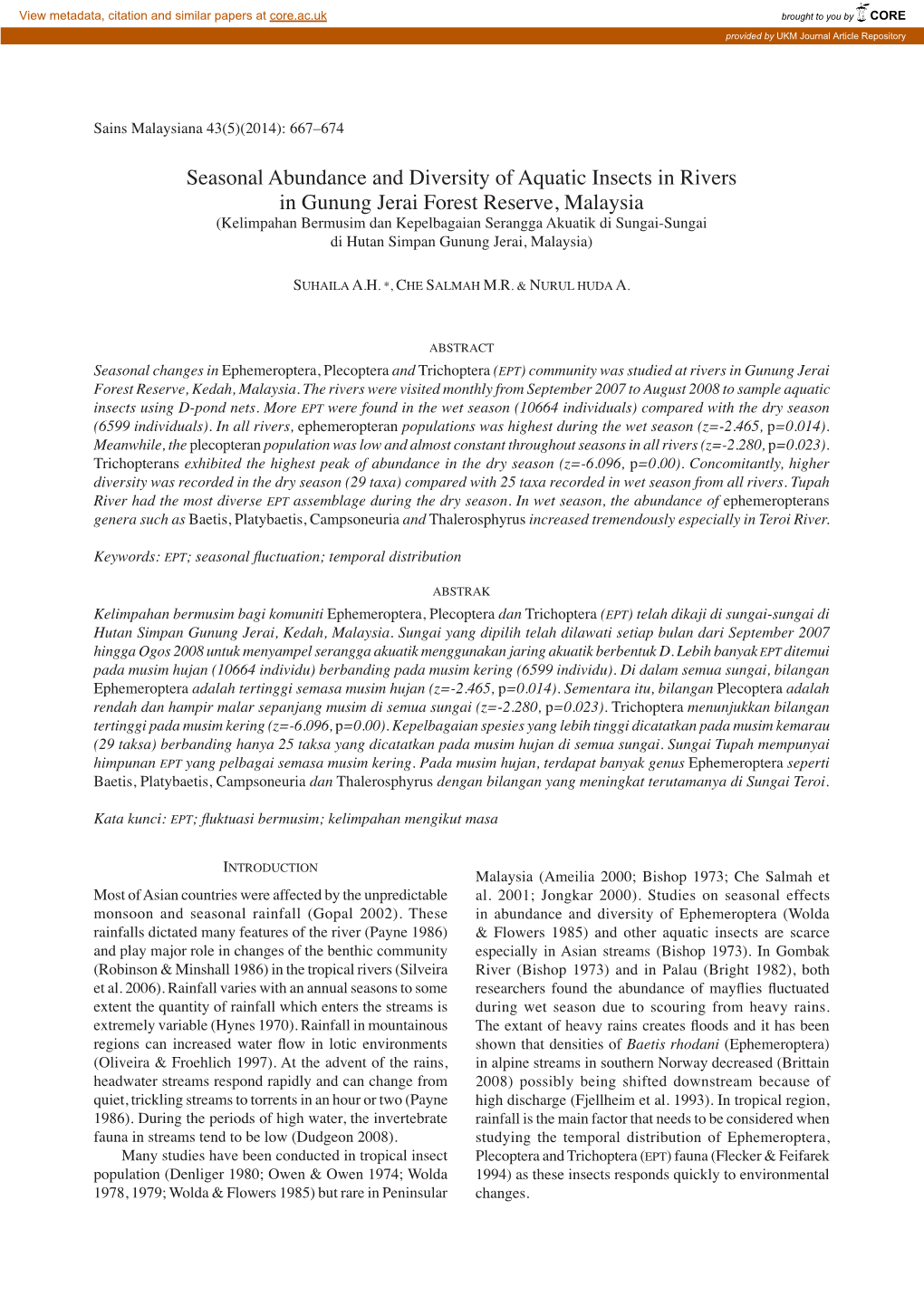 Seasonal Abundance and Diversity of Aquatic Insects in Rivers in Gunung Jerai Forest Reserve, Malaysia