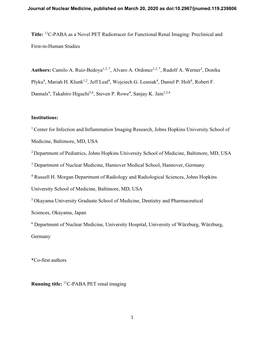 Title: 11C-PABA As a Novel PET Radiotracer for Functional Renal Imaging: Preclinical And