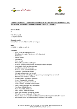 Acta De La Reunió De La Comissió De Seguiment Del Pla Estratègic De Les Garrigues 2015- 2025