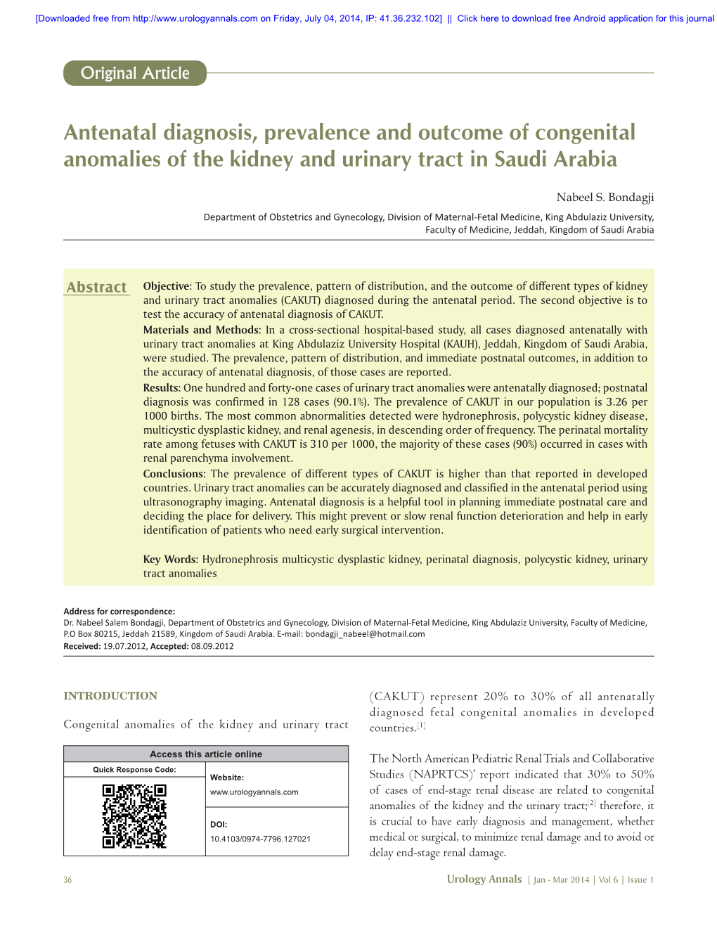 Antenatal Diagnosis, Prevalence and Outcome of Congenital Anomalies of the Kidney and Urinary Tract in Saudi Arabia