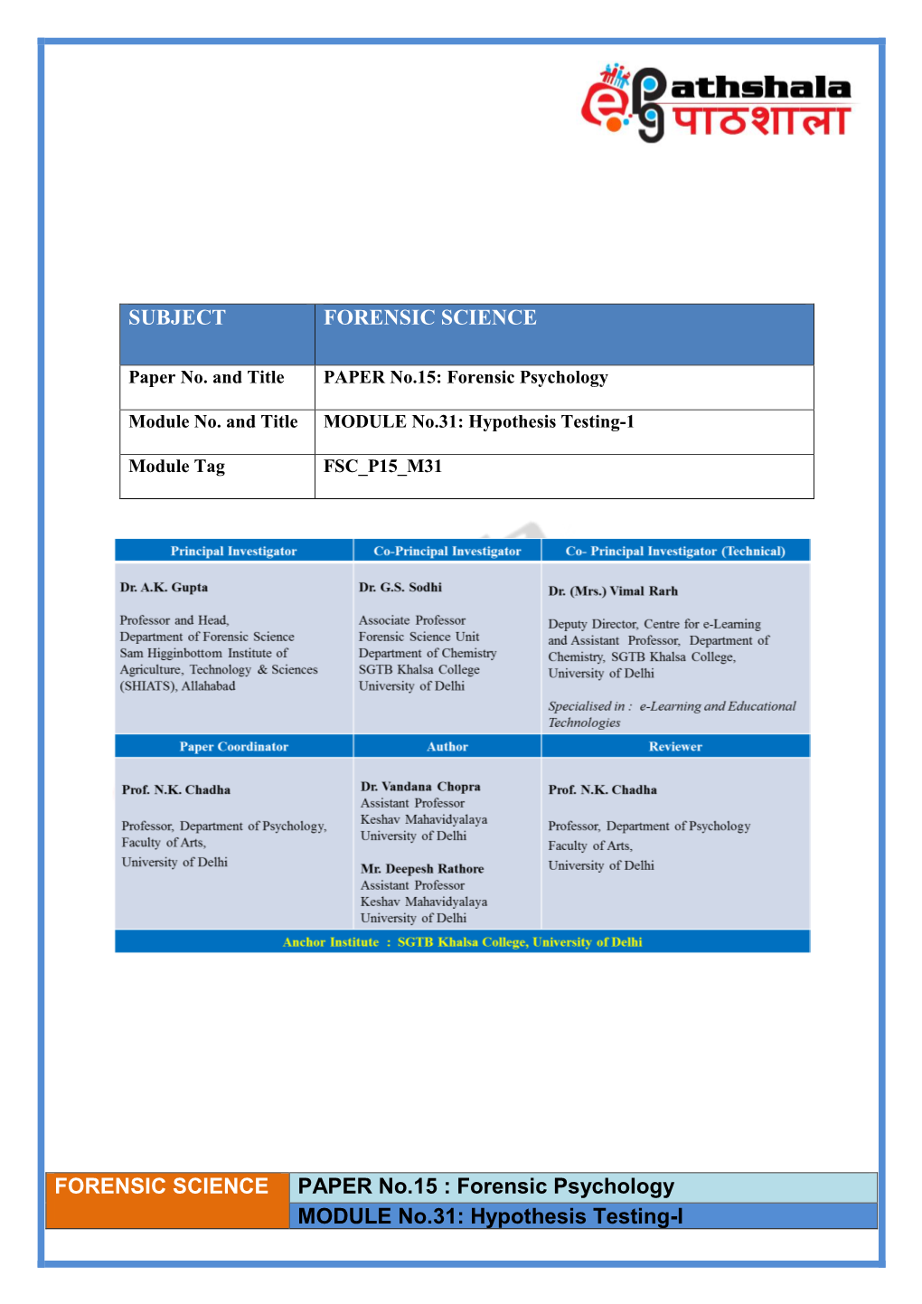 Hypothesis Testing-I SUBJECT FORENSIC SCIENCE